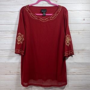 Lane Bryant Red Burgundy Gold Embroidered Boho Tunic Blouse